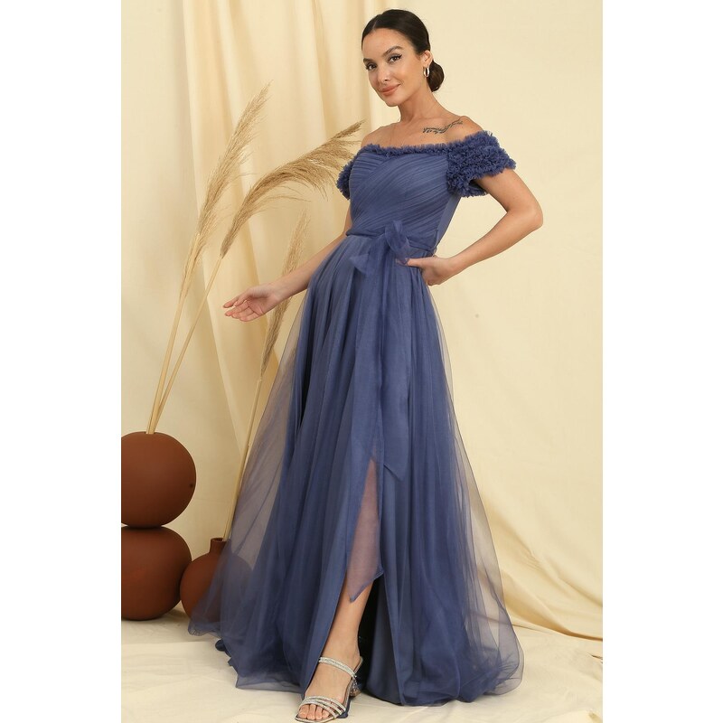 By Saygı Frilly Belted Collar And Sleeves Lined Long Tulle Dress