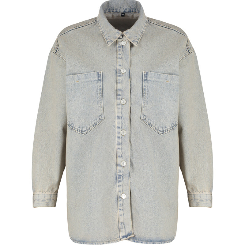 Trendyol Blue Faded Effect Vintage Oversize Denim Shirt Jacket
