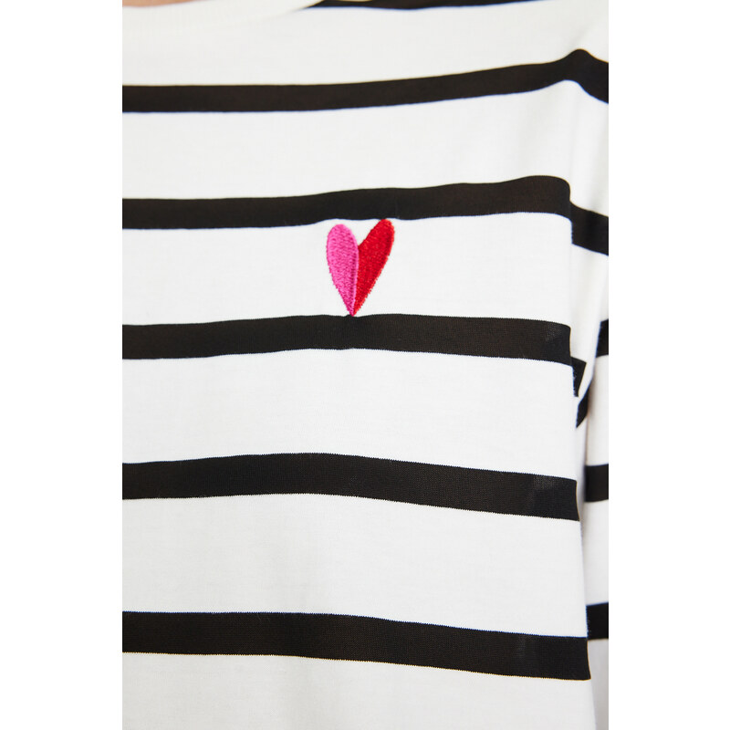 Trendyol White Single Jersey Striped Heart Embroidered Long Sleeve Knitted Tunic T-shirt