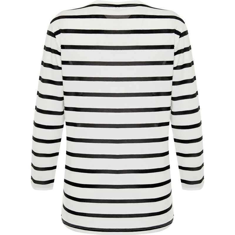 Trendyol White Single Jersey Striped Heart Embroidered Long Sleeve Knitted Tunic T-shirt