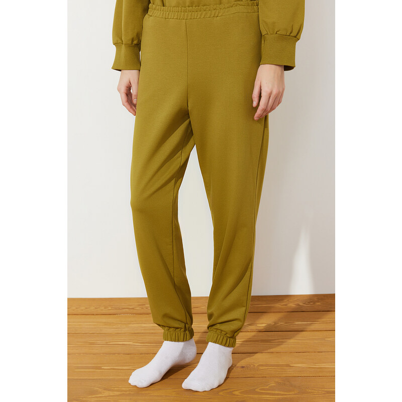 Trendyol Oil Green Cotton Slogan Printed Knitted Pajama Set