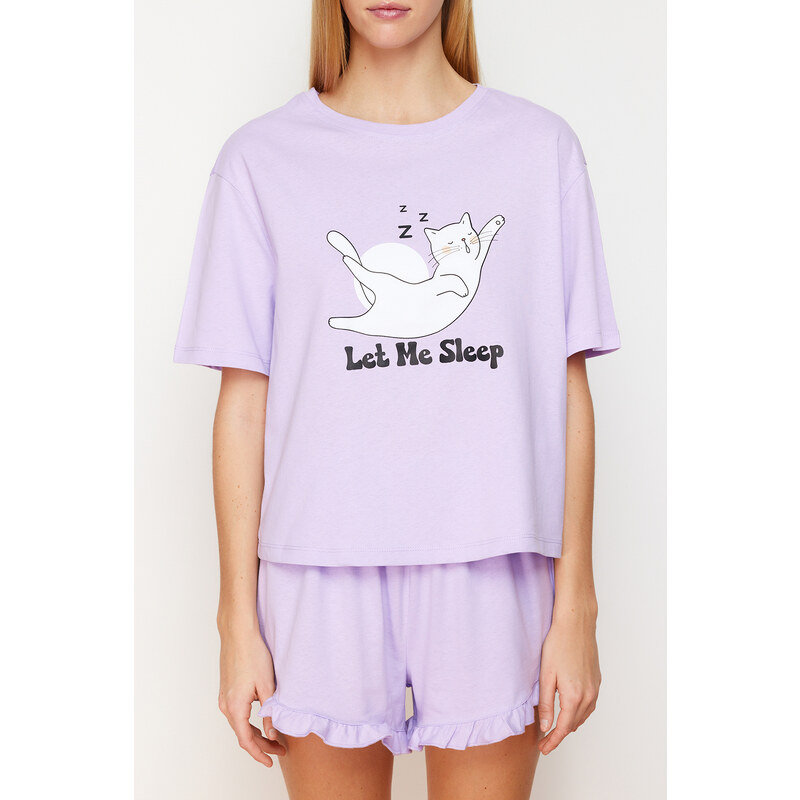 Trendyol Lilac 100% Cotton Animal Print Ruffle Detail Knitted Pajamas Set