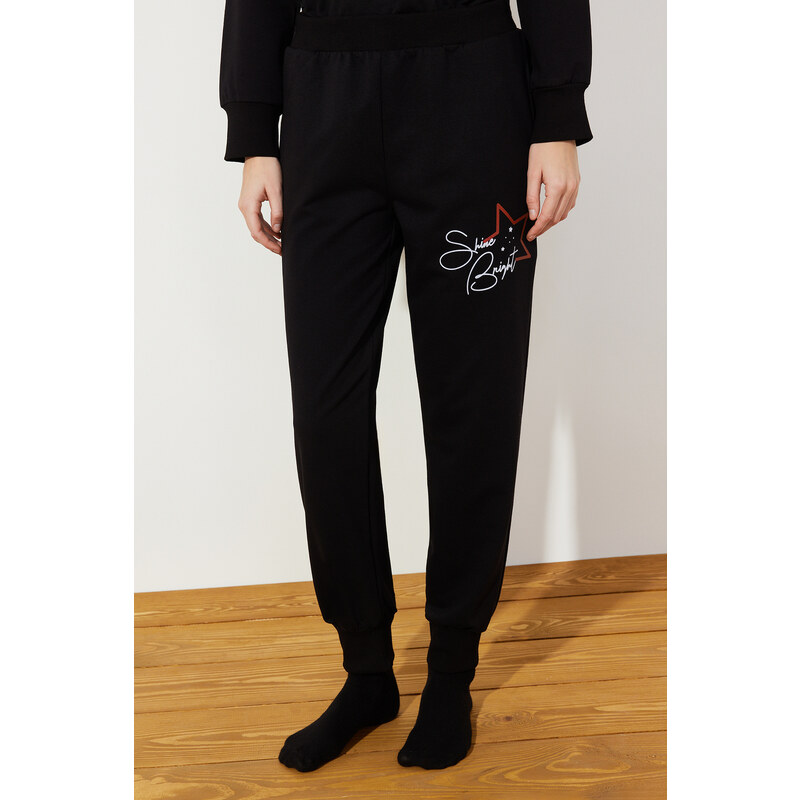 Trendyol Black Motto and Star Printed Knitted Pajamas Set