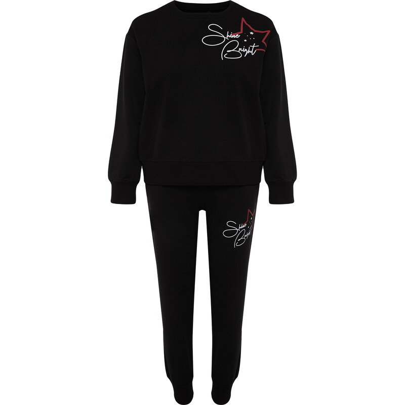 Trendyol Black Motto and Star Printed Knitted Pajamas Set