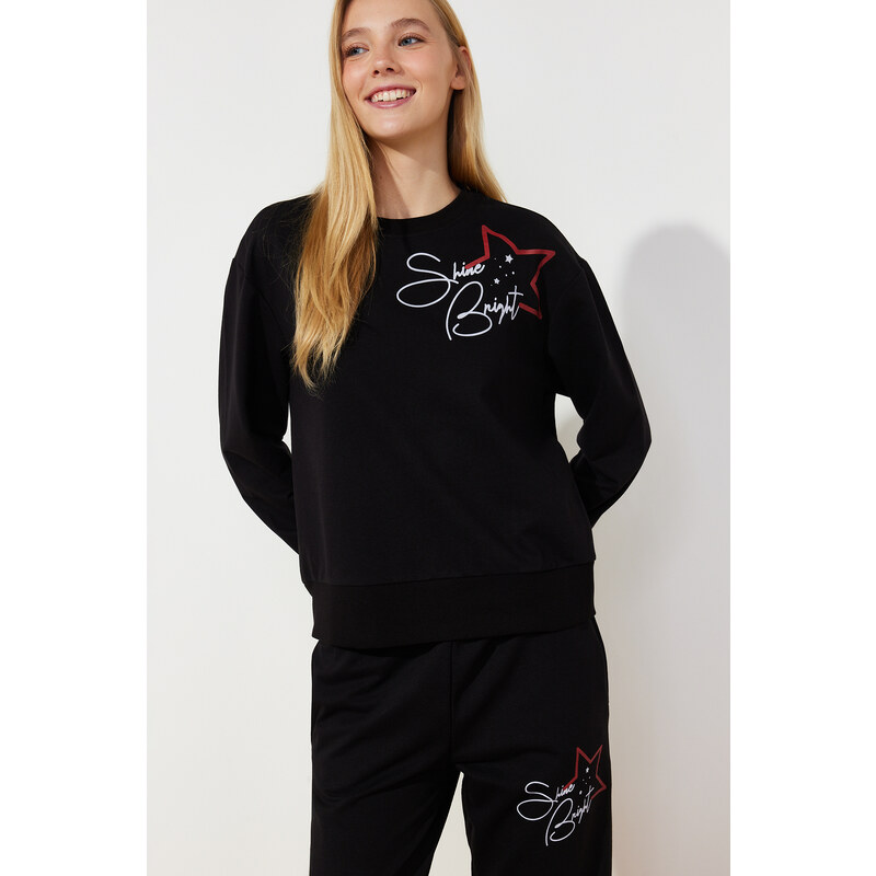 Trendyol Black Motto and Star Printed Knitted Pajamas Set