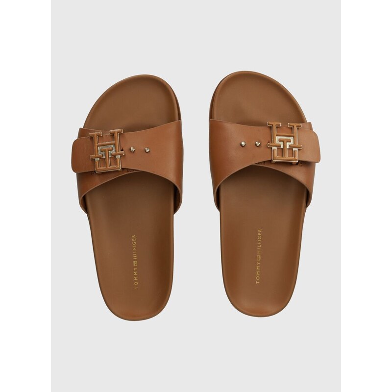 Kožené pantofle Tommy Hilfiger TH HARDWARE LEATHER FLAT SANDAL dámské, hnědá barva, FW0FW07940