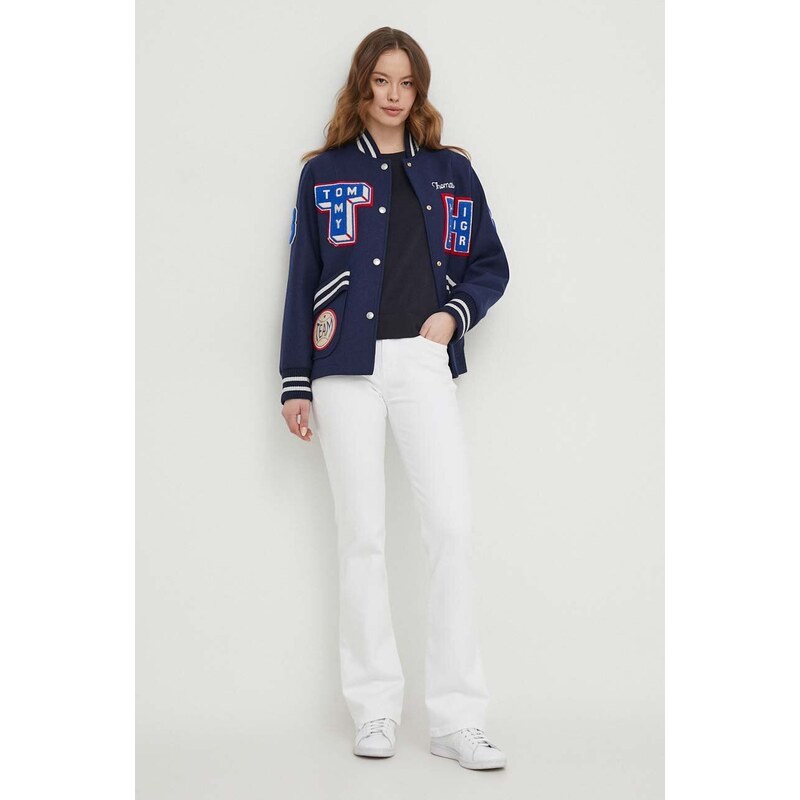 Vlněná bomber bunda Tommy Hilfiger tmavomodrá barva, přechodná