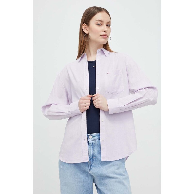 Košile s příměsí lnu Tommy Jeans fialová barva, relaxed, s klasickým límcem