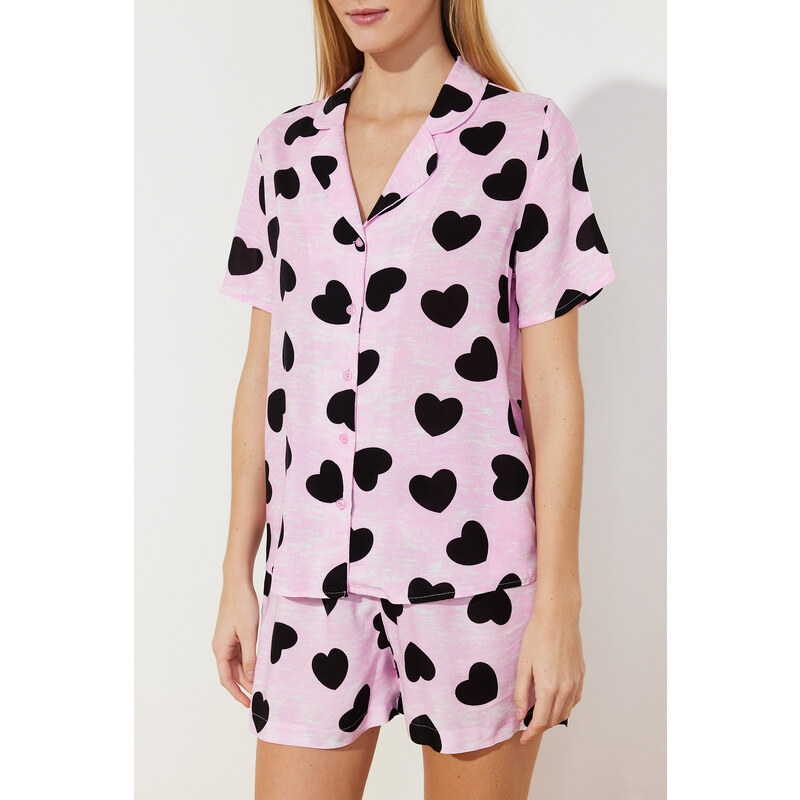 Trendyol Pink Heart Viscose Woven Pajamas Set