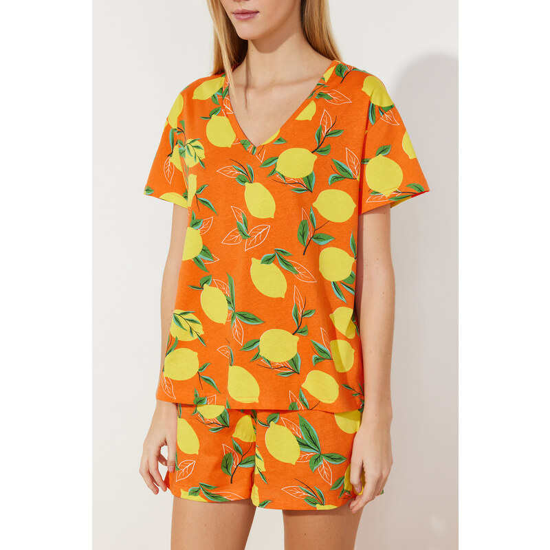 Trendyol Orange 100% Cotton Fruit Patterned Knitted Pajamas Set