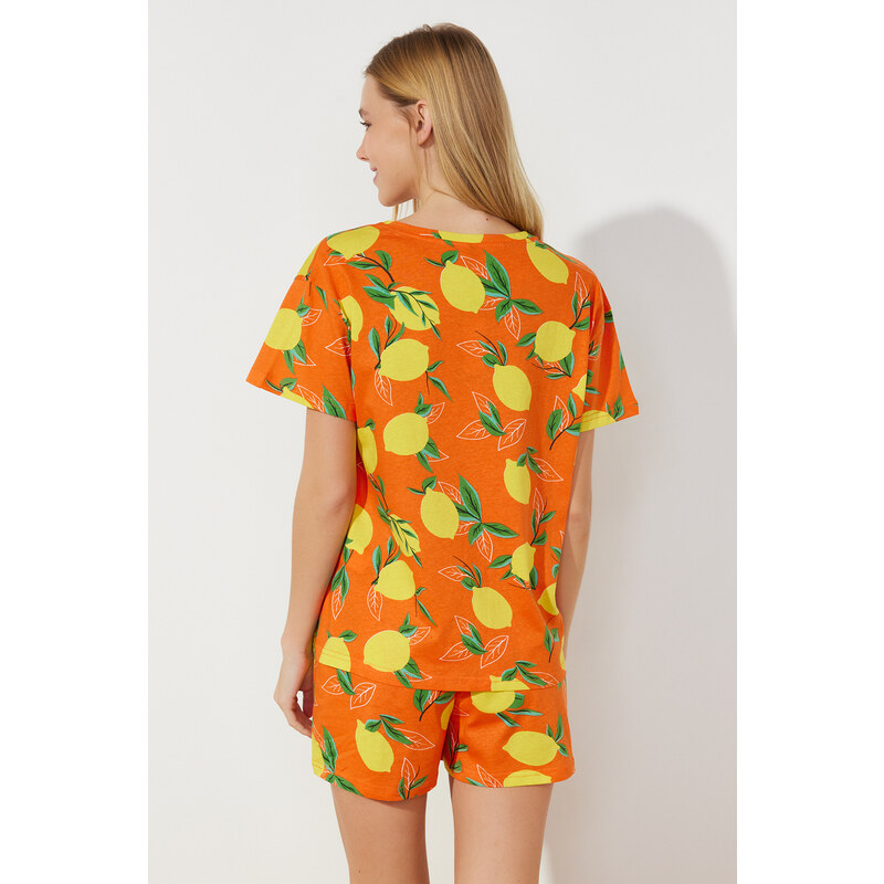 Trendyol Orange 100% Cotton Fruit Patterned Knitted Pajamas Set