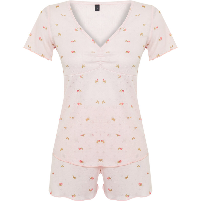 Trendyol Pink Floral Pointel Openwork/Hole Knitted Pajama Set