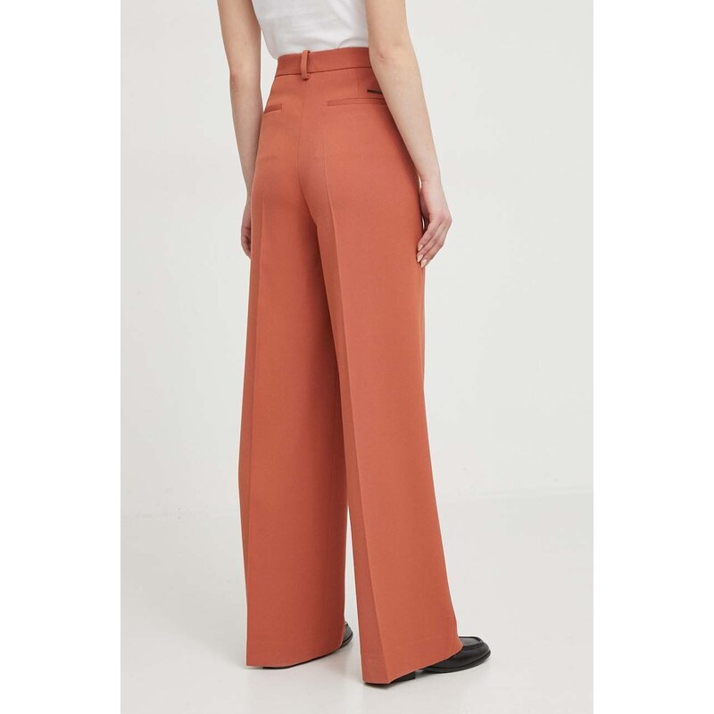 Kalhoty s příměsí vlny Calvin Klein hnědá barva, široké, high waist