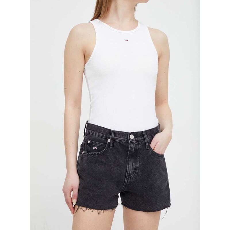 Džínové šortky Tommy Jeans dámské, černá barva, hladké, high waist