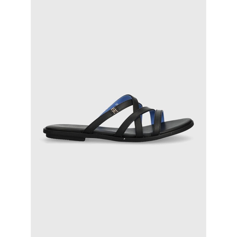 Kožené pantofle Tommy Hilfiger TH STRAP FLAT SANDAL dámské, černá barva, FW0FW08067