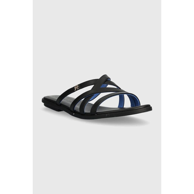 Kožené pantofle Tommy Hilfiger TH STRAP FLAT SANDAL dámské, černá barva, FW0FW08067