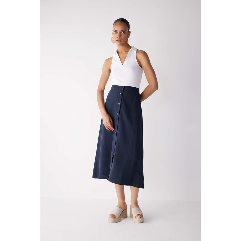 DEFACTO Normal Waist Lined Linen Blend Midi Skirt