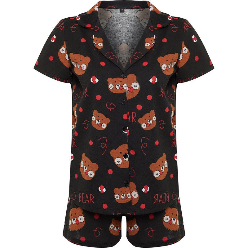 Trendyol Black 100% Cotton Teddy Bear Pattern Knitted Pajamas Set