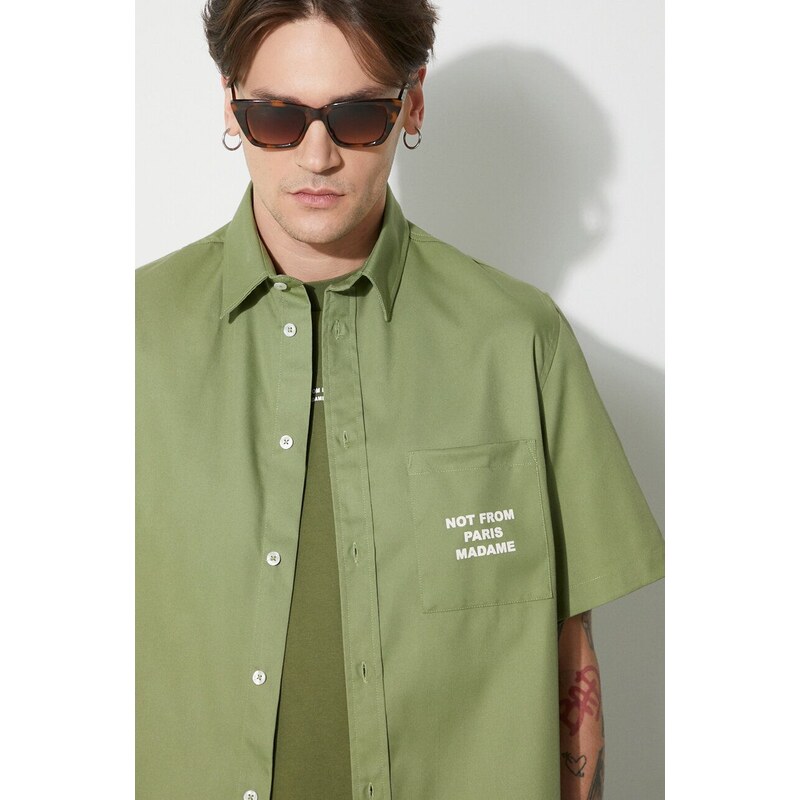Košile Drôle de Monsieur La Chemise Slogan pánská, zelená barva, relaxed, s klasickým límcem, D-SH128-PL004-LKK