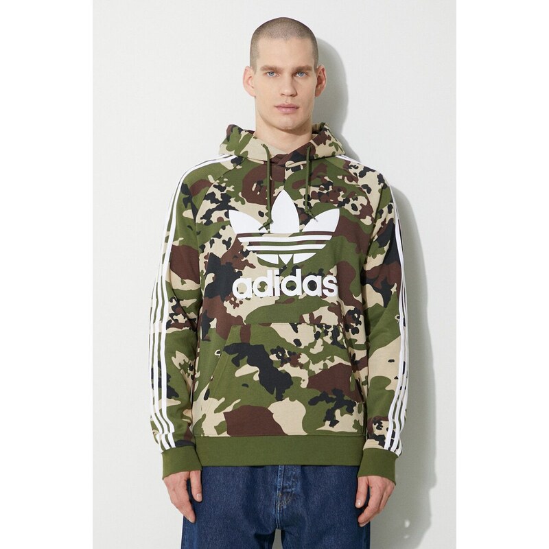 Mikina adidas Originals pánská, zelená barva, s kapucí, vzorovaná, IS0209