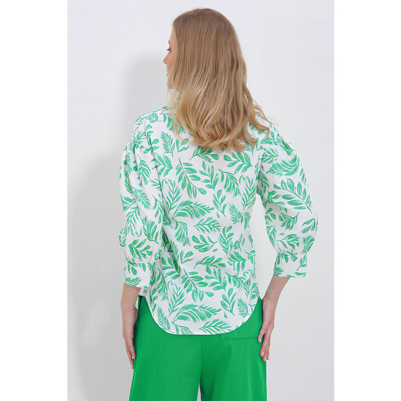 Trend Alaçatı Stili Women's Green Leaf Patterned Balloon Sleeve Linen Shirt with Hidden Pop Up