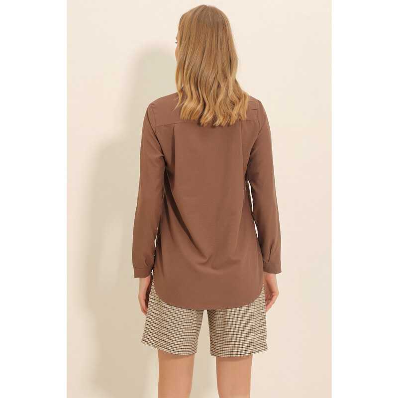 Trend Alaçatı Stili Women's Brown Basic Woven Shirt