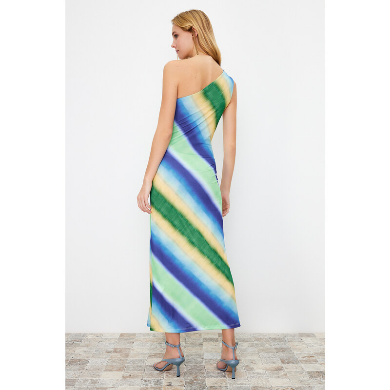 Trendyol Blue Printed Fitted Asymmetrical Collar Stretchy Knitted Maxi Dress