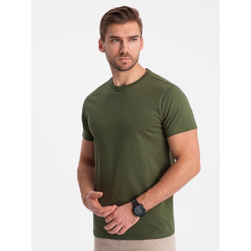 Ombre Clothing Bavlněné klasické olivové tričko s krátkým rukávem V4 TSBS-0146