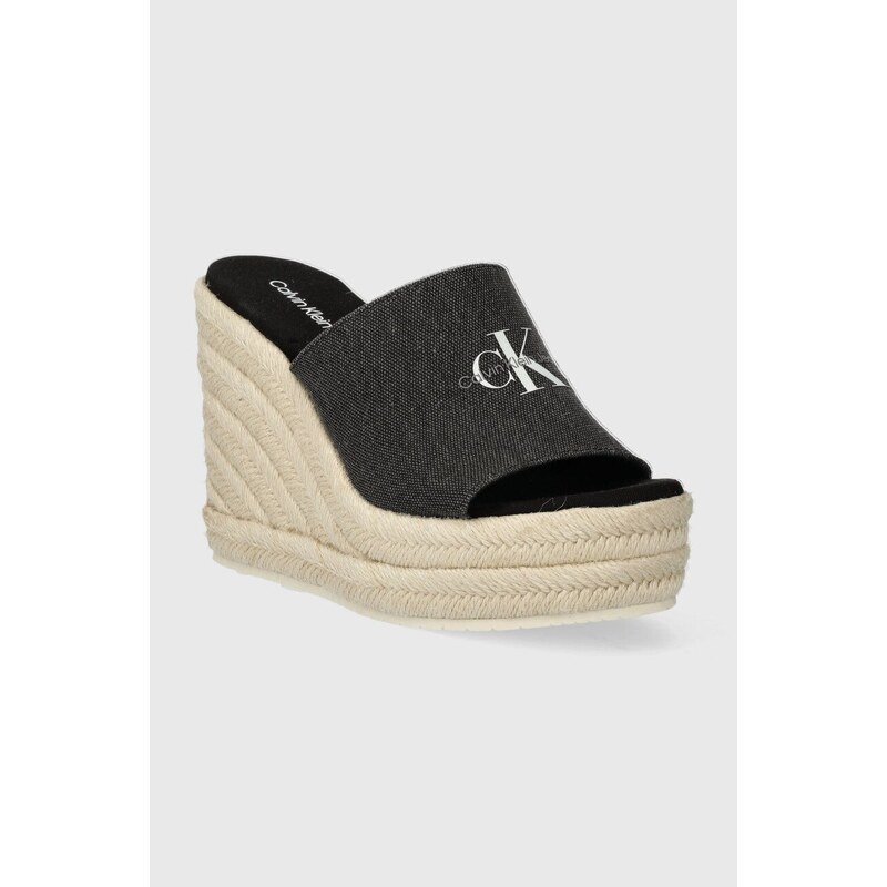 Pantofle Calvin Klein Jeans SLIDE WEDGE ROPE SANDAL ML BTW dámské, černá barva, na klínku, YW0YW01356