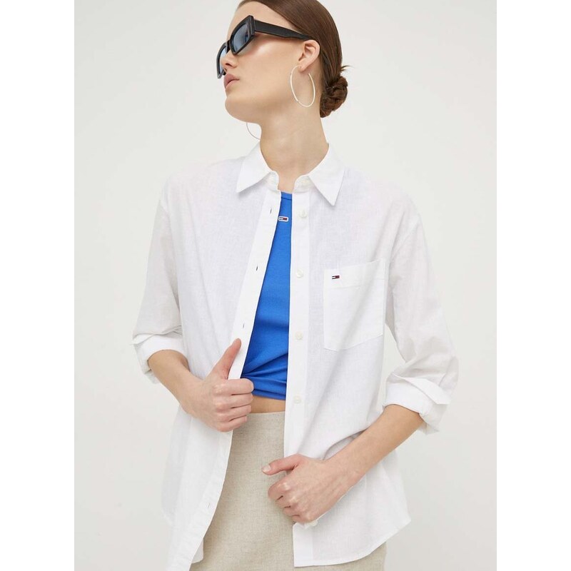 Košile s příměsí lnu Tommy Jeans bílá barva, relaxed, s klasickým límcem