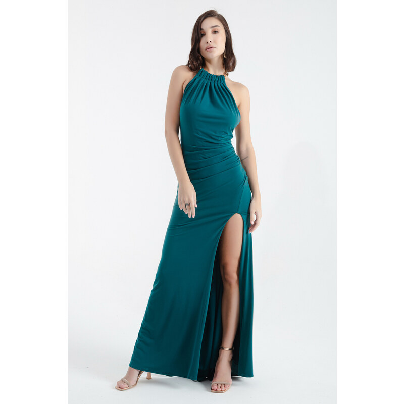 Lafaba Women's Emerald Green Halter Neck Chain Long Evening Dress