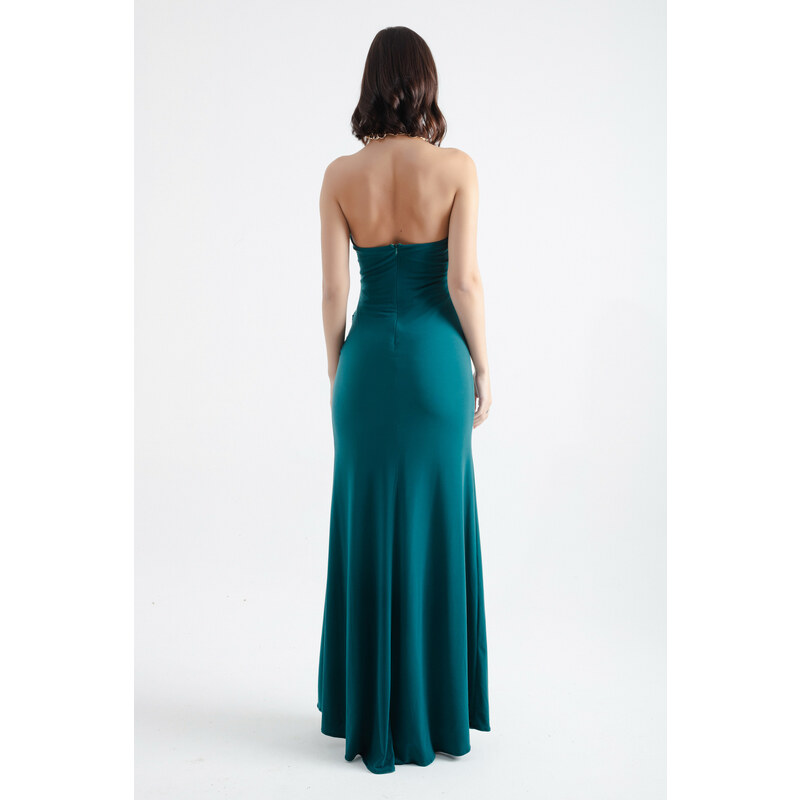 Lafaba Women's Emerald Green Halter Neck Chain Long Evening Dress