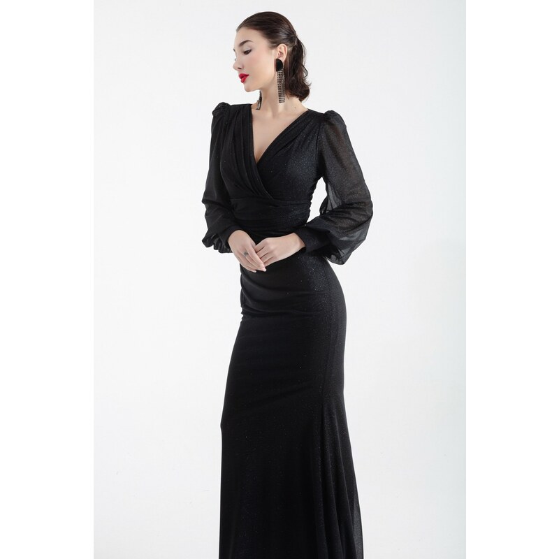 Lafaba Women's Black Double Breasted Neck Silvery Long Evening Dress