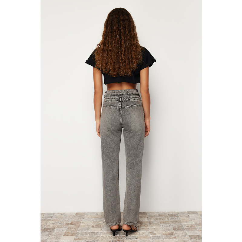 Trendyol Anthracite Double Belted High Waist Wide Leg Jeans