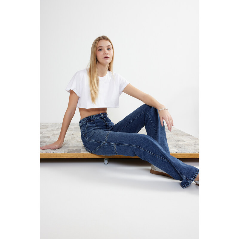 Trendyol Blue Pocket Detailed High Waist Wide Leg Jeans