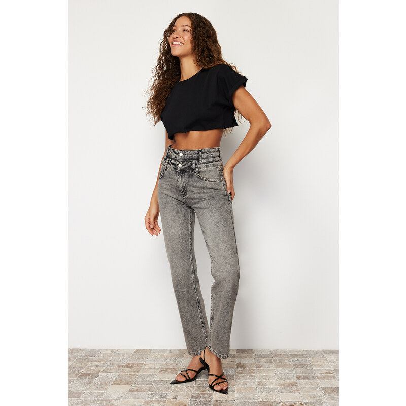 Trendyol Anthracite Double Belted High Waist Wide Leg Jeans