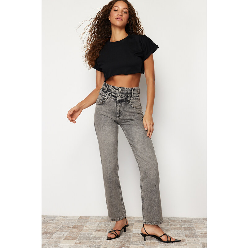 Trendyol Anthracite Double Belted High Waist Wide Leg Jeans