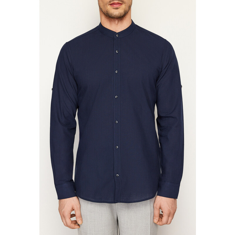 Trendyol Dark Navy Blue Slim Fit Basic Collar 100% Cotton Shirt with Epaulets