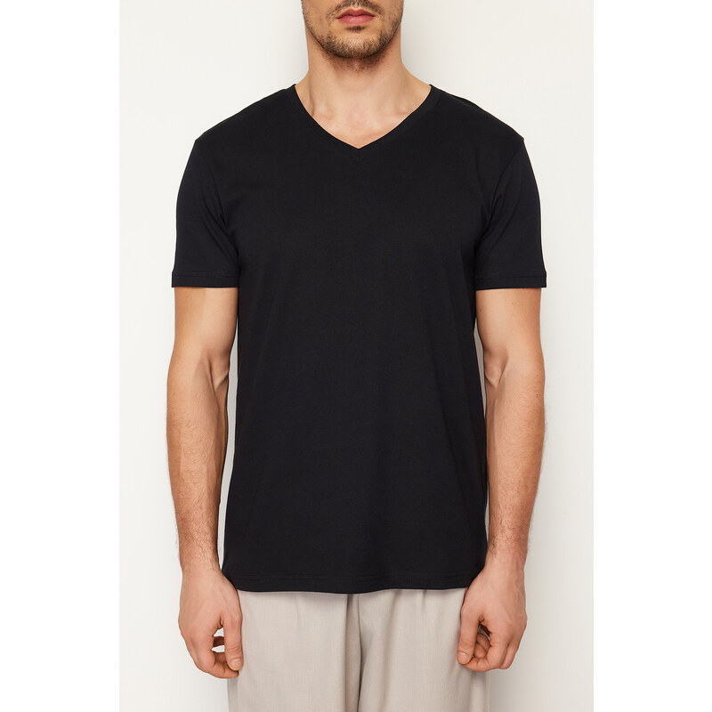 Trendyol Black Regular/Regular Fit V-Neck Basic 100% Cotton T-Shirt