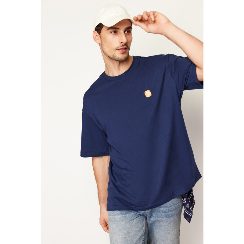 Trendyol Navy Blue Oversize/Wide-Fit Short Sleeve Embroidered 100% Cotton T-Shirt