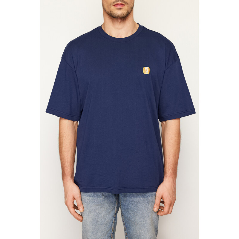 Trendyol Navy Blue Oversize/Wide-Fit Short Sleeve Embroidered 100% Cotton T-Shirt