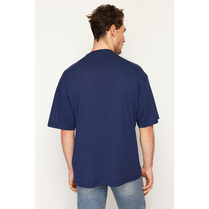 Trendyol Navy Blue Oversize/Wide-Fit Short Sleeve Embroidered 100% Cotton T-Shirt