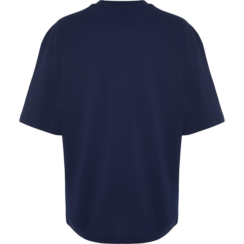 Trendyol Navy Blue Oversize/Wide-Fit Short Sleeve Embroidered 100% Cotton T-Shirt