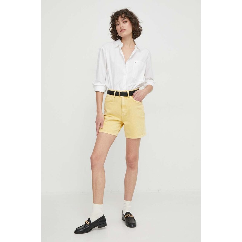 Džínové šortky Tommy Hilfiger dámské, žlutá barva, hladké, high waist