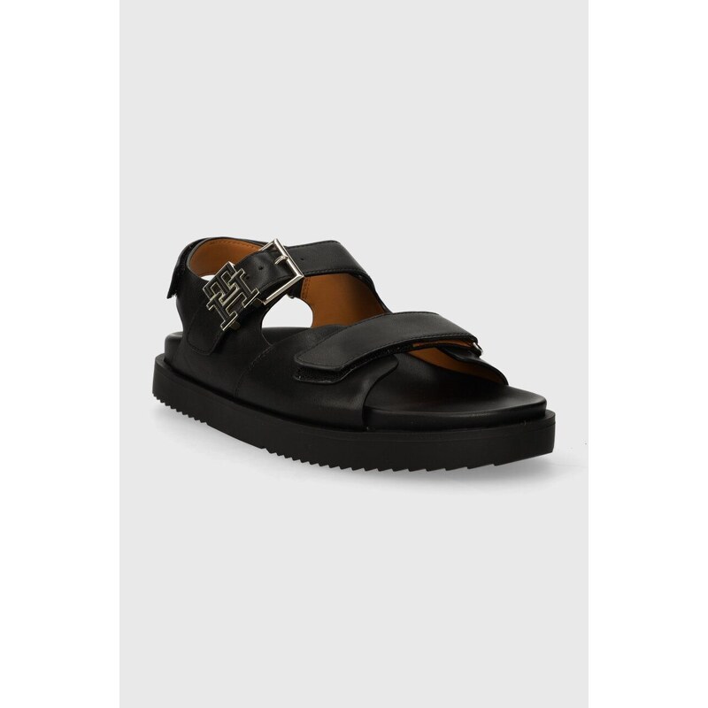 Kožené sandály Tommy Hilfiger TH HARDWARE LTHR SPORTY SANDAL dámské, černá barva, FW0FW07736