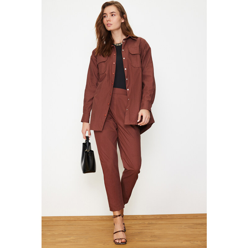 Trendyol Dark Brown Pocket Detailed Snap Closure Shirt-Pants Woven Suit