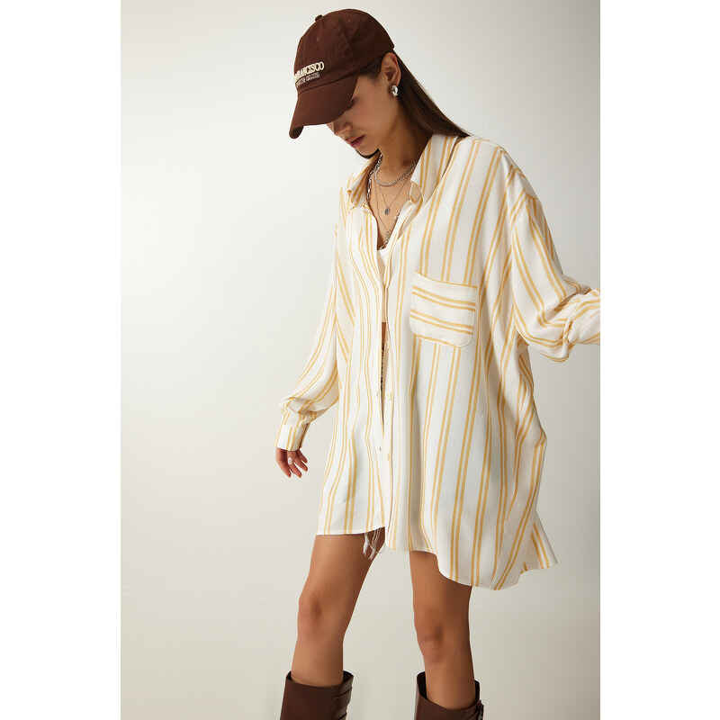 Happiness İstanbul Women's Cream Striped Oversize Linen Viscose Shirt