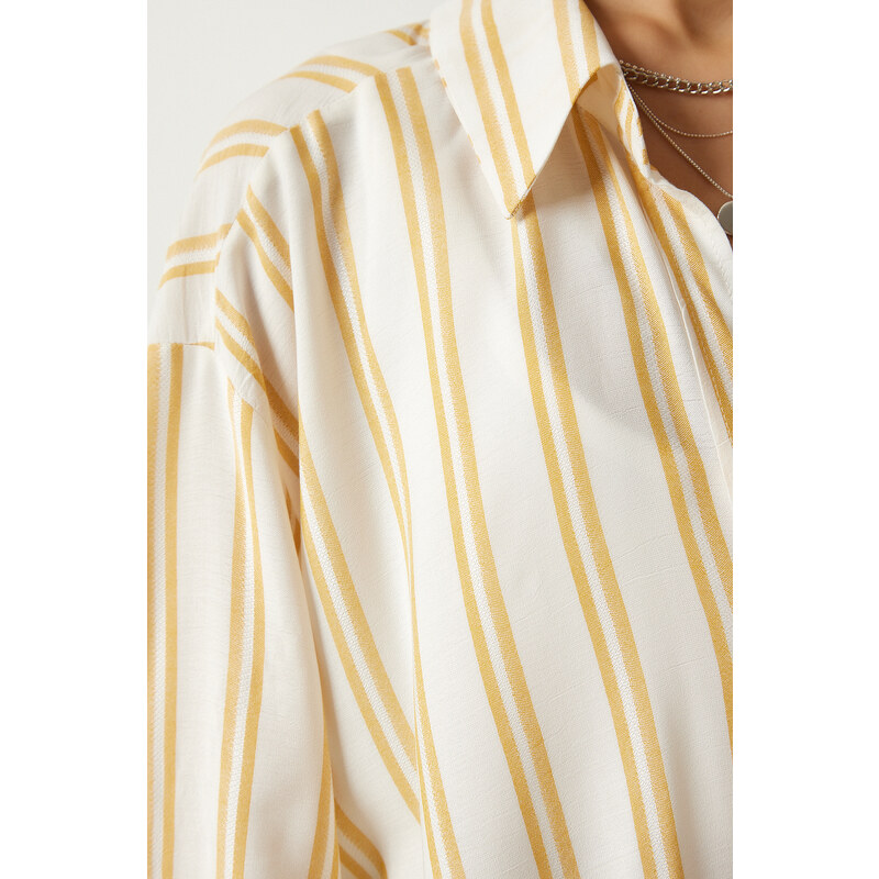 Happiness İstanbul Women's Cream Striped Oversize Linen Viscose Shirt