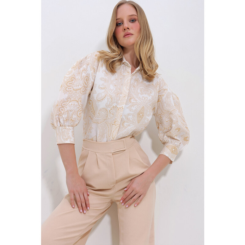 Trend Alaçatı Stili Women's Beige Paisley Patterned Balloon Sleeve Linen Shirt