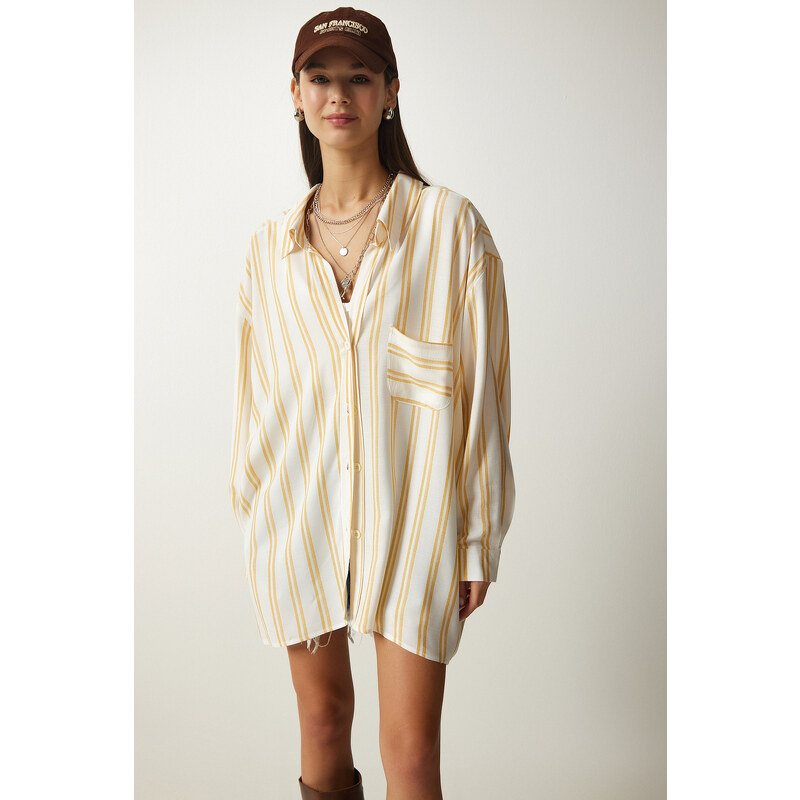 Happiness İstanbul Women's Cream Striped Oversize Linen Viscose Shirt